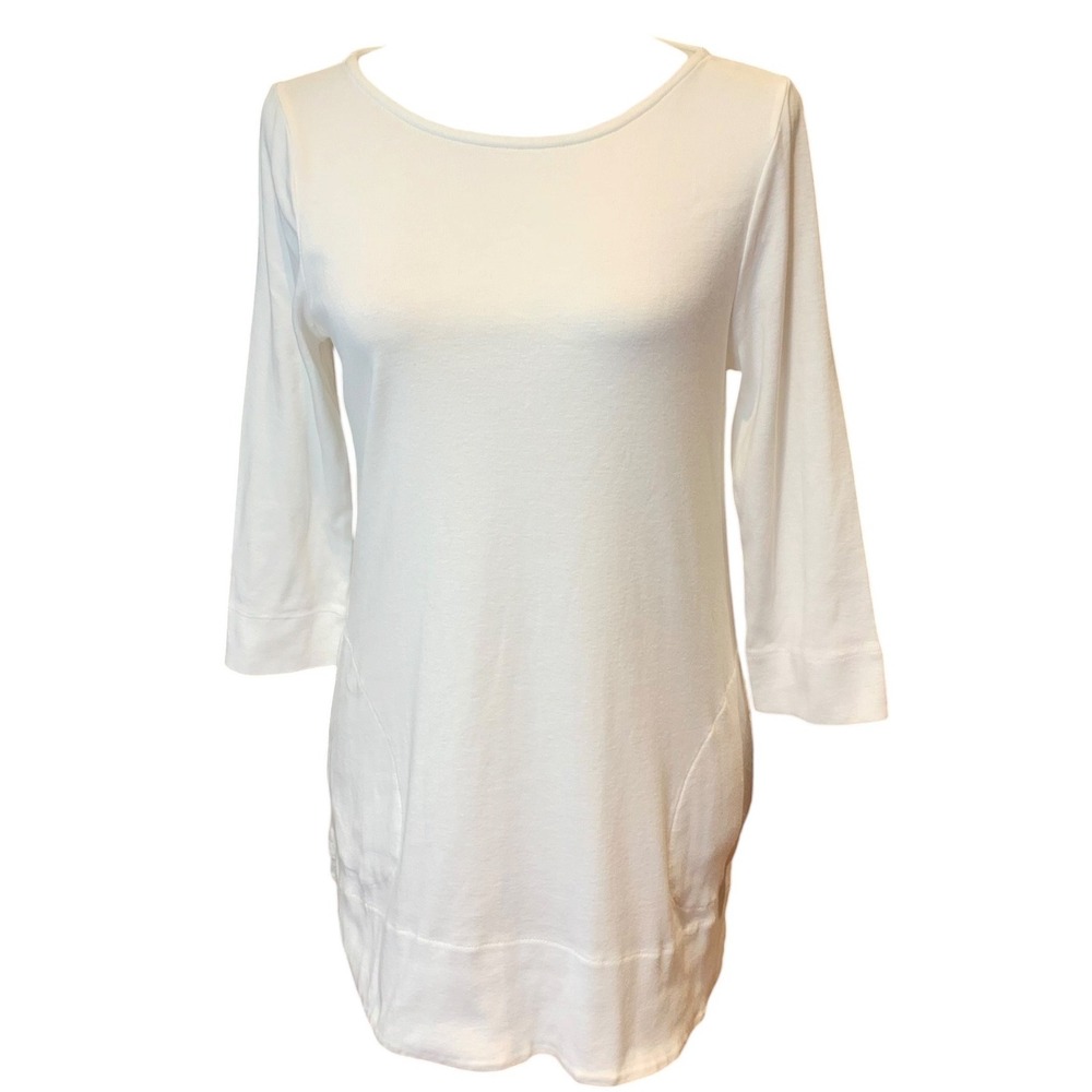 Chico's Ultimate Pima Tee Women Small 0 White Tunic 3/4 Sleeve Coastal Minimal